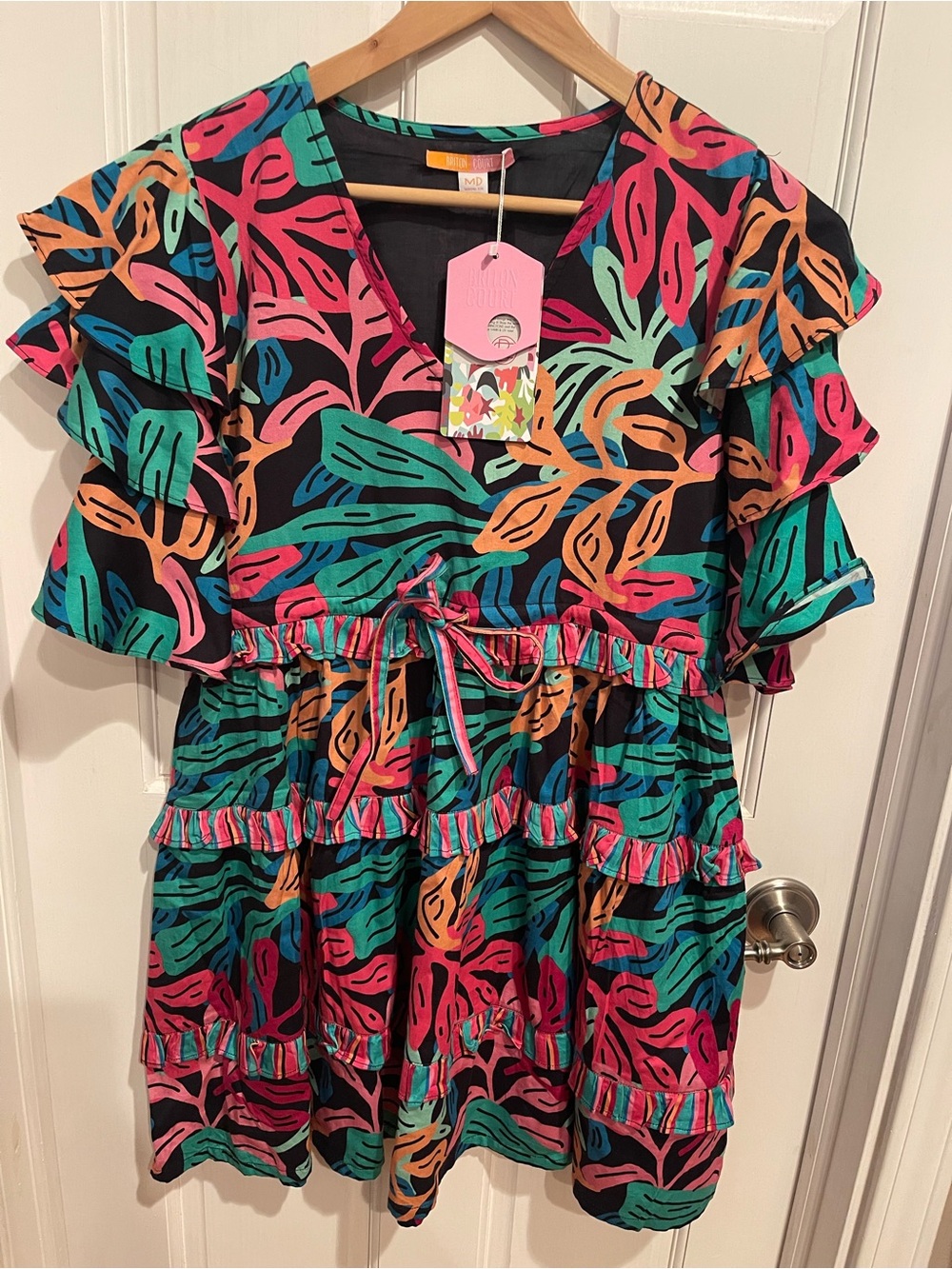 Briton Court Women’s Multicolor Leaf-Print Ruffle Tiered Dress M